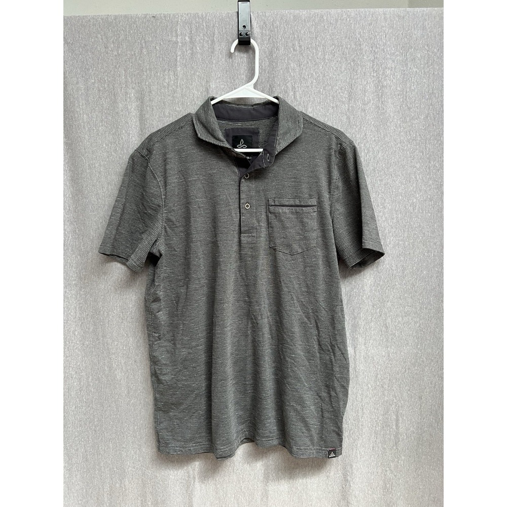 Prana Mens Gray Striped Short Sleeve Polo Shirt Sz M